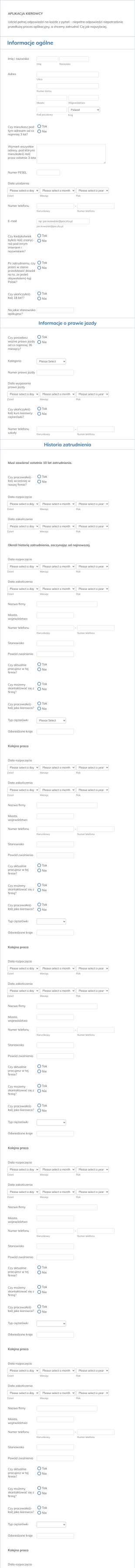 Aplikacja Kierowcy Ciężarówki Form Template