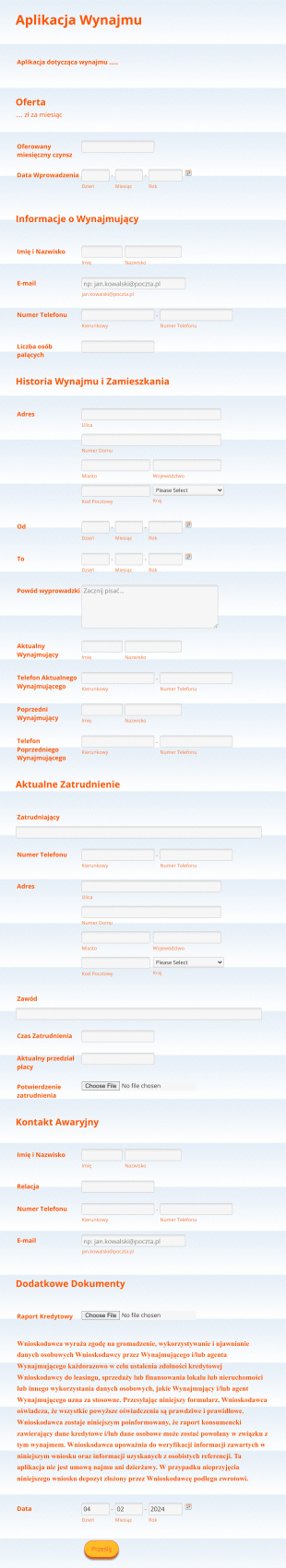 Aplikacja Wynajmu Form Template