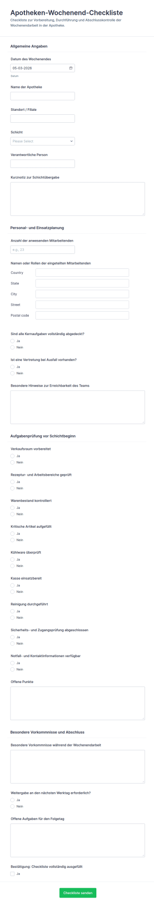 Apotheken Wochenend Arbeitscheckliste Formular