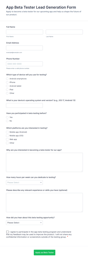 App Beta Tester Lead Generation Form Template