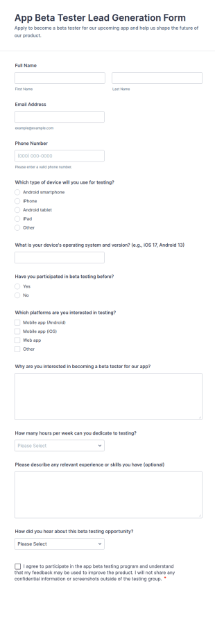 App Beta Tester Lead Generation Form Template