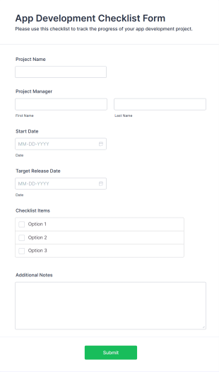 App Development Checklist Form Form Template