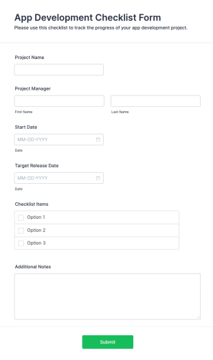 App Development Checklist Form Template