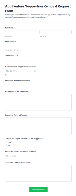 App Feature Suggestion Removal Request Form Template