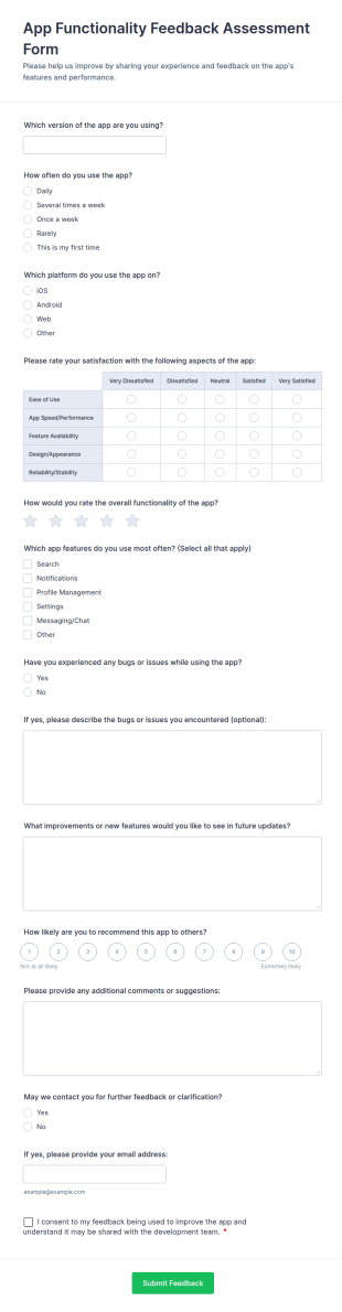 App Functionality Feedback Assessment Form Template