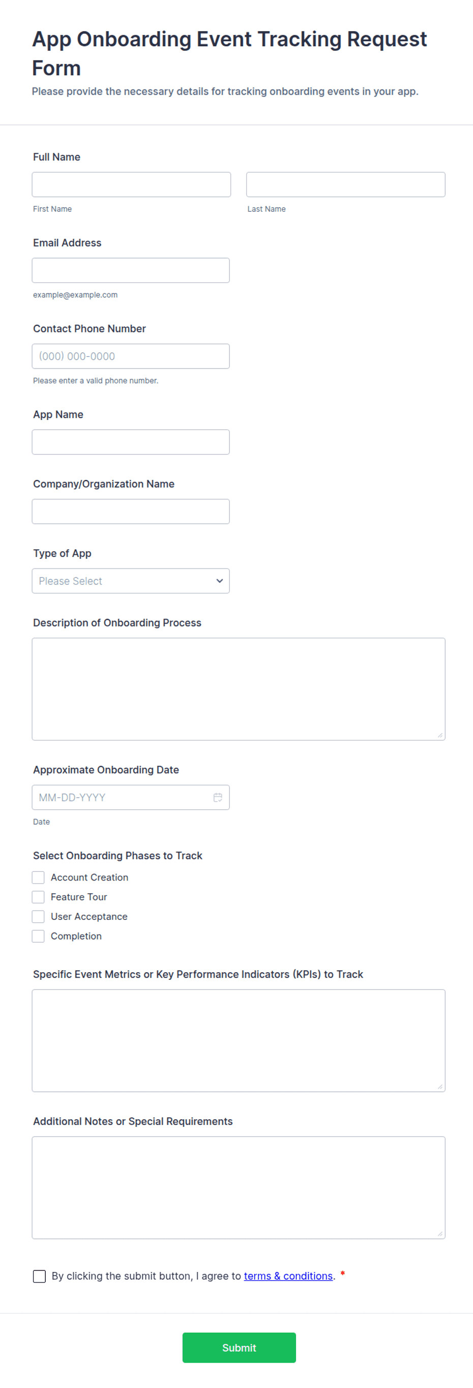 App Onboarding Event Tracking Request Form Template | Jotform