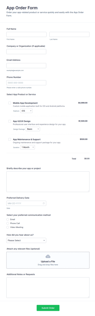 App Order Form Template