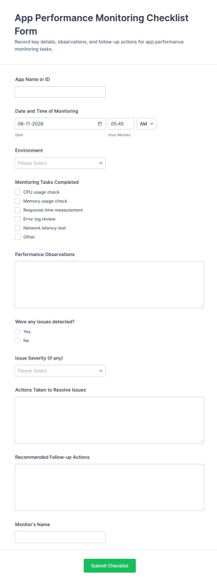 App Performance Monitoring Checklist Form Template