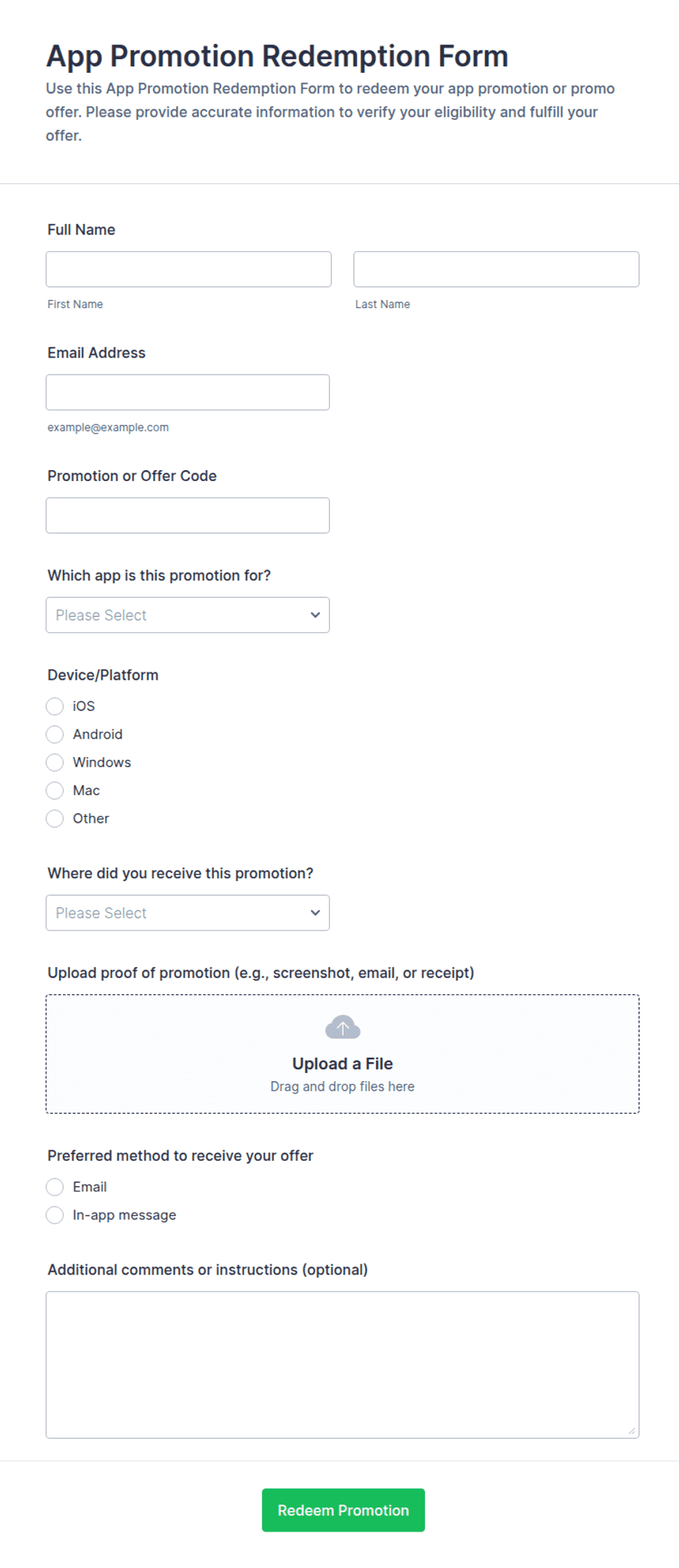 App Promotion Redemption Form Template | Jotform