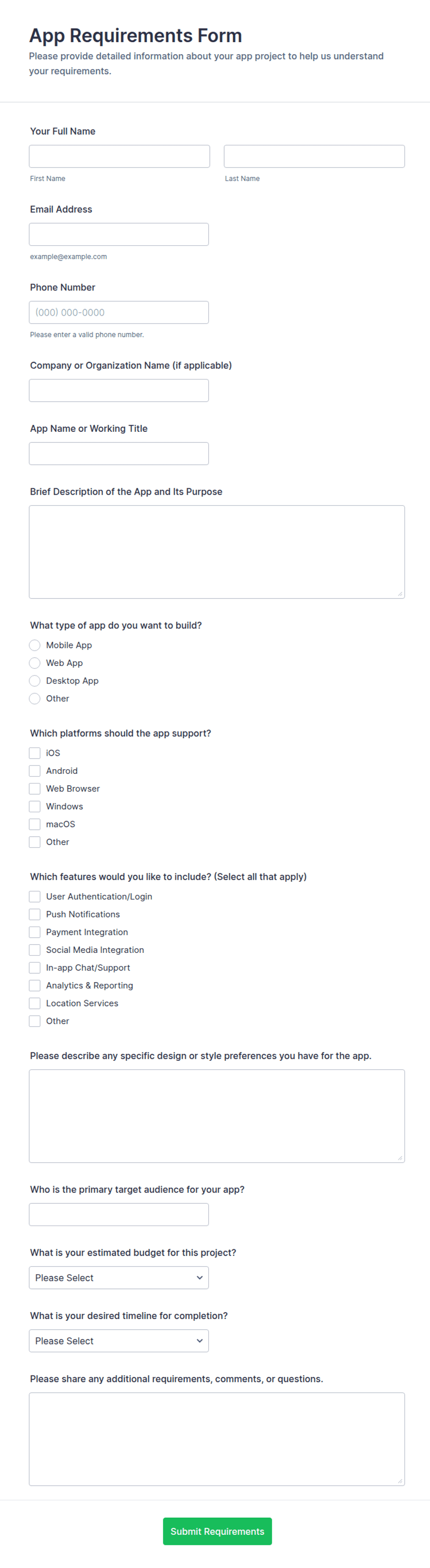 Required Form Example App Requirements Form Template | Jotform