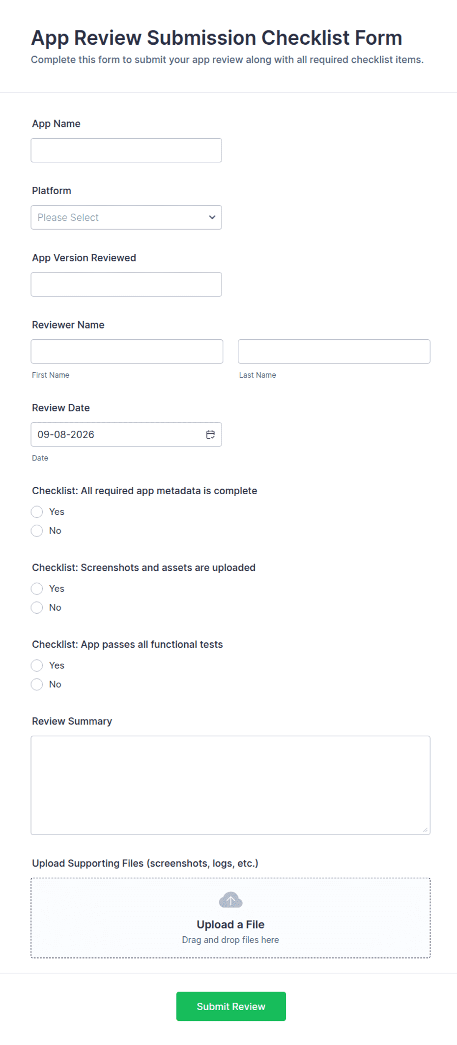 App Review Submission Checklist Form Template | Jotform