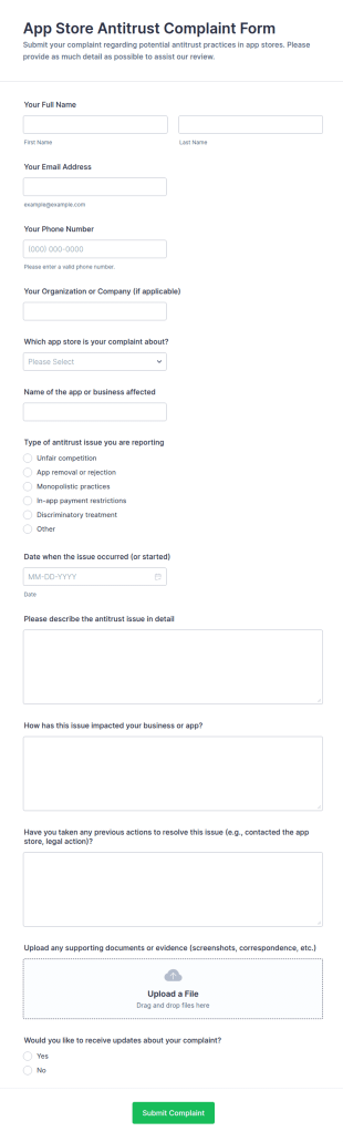 App Store Antitrust Complaint Form Template