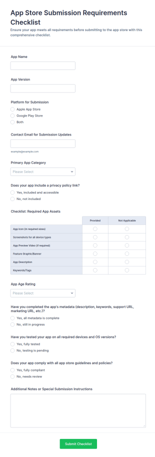 App Store Submission Requirements Checklist Form Template