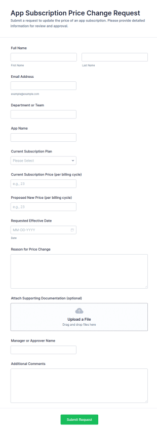 App Subscription Price Change Request Form Template