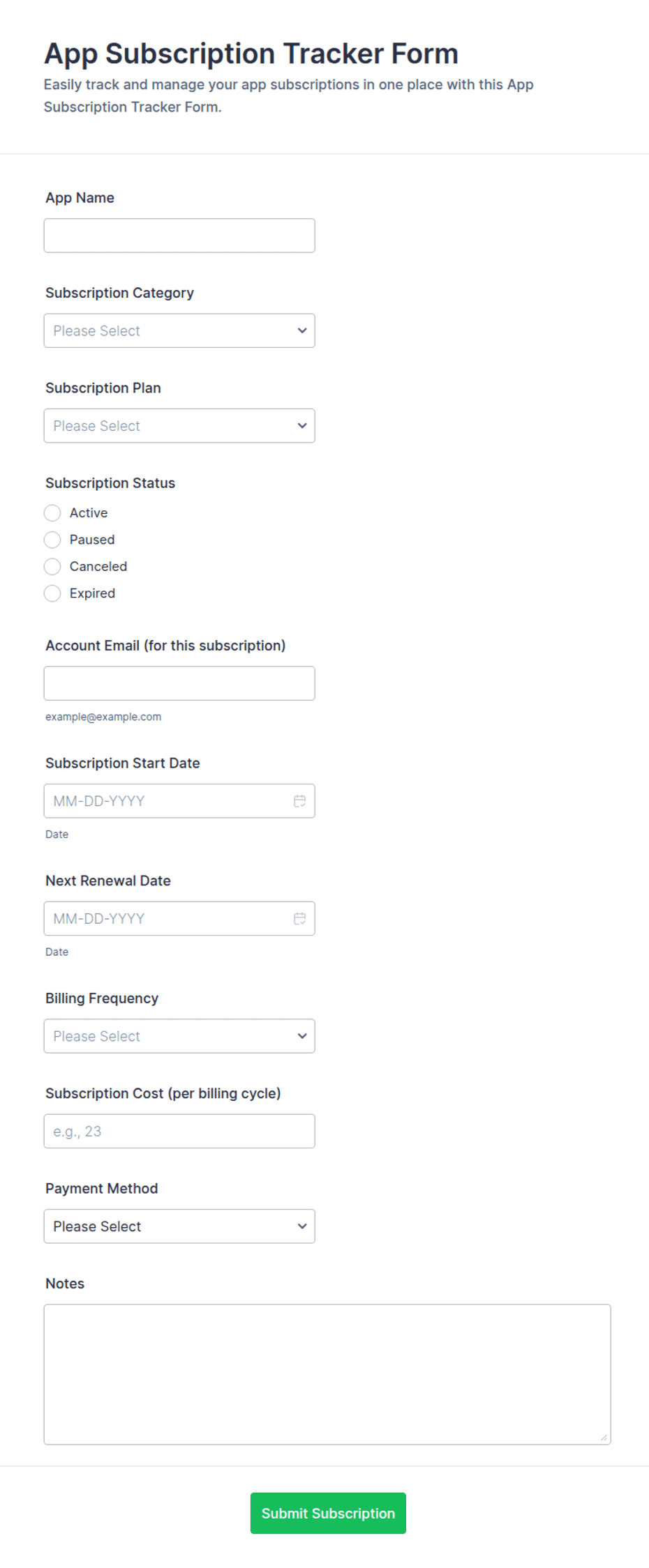 App Subscription Tracker Form Template | Jotform