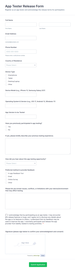 App Tester Release Form Template