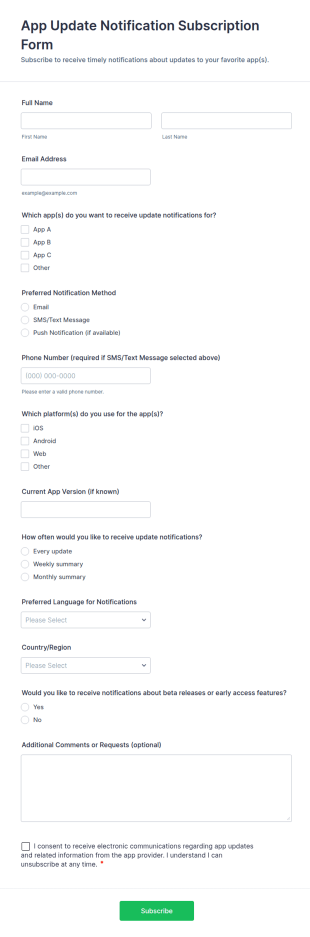 App Update Notification Subscription Form Template