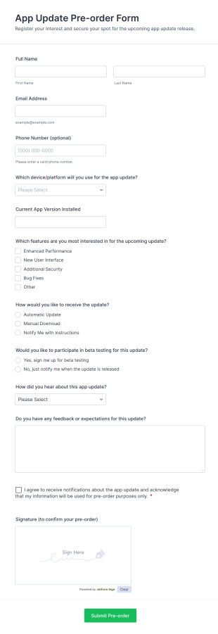 App Update Pre Order Form Template