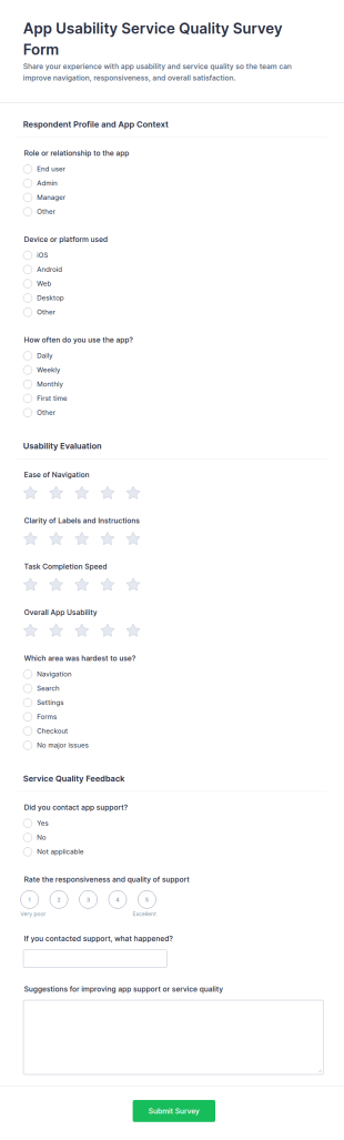 App Usability Service Quality Survey Form Template