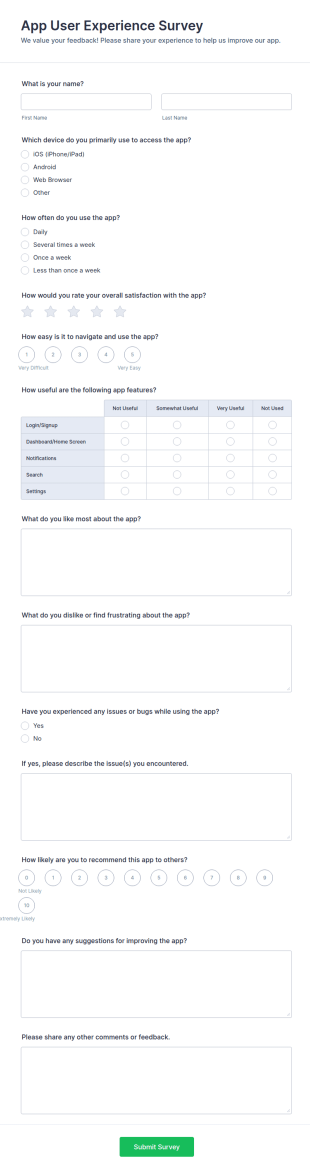 App User Experience Survey Form Template