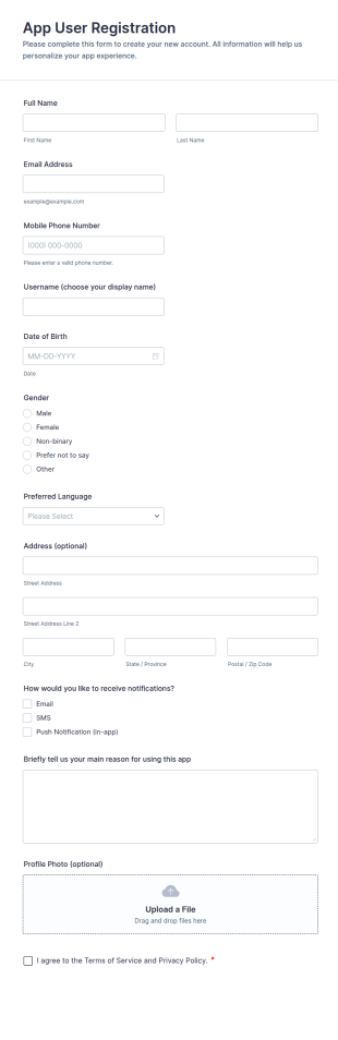 App User Registration Form Template