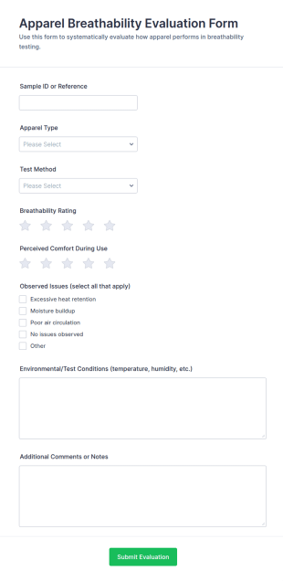 Apparel Breathability Evaluation Form Template