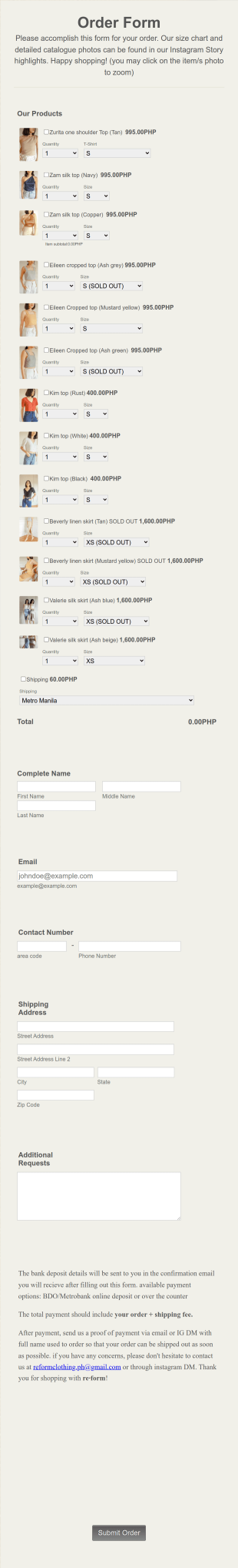 Apparel Order Form Template