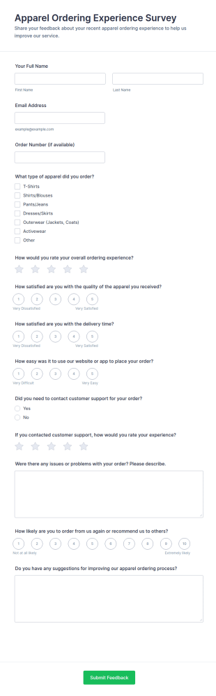 Apparel Ordering Experience Survey Form Template