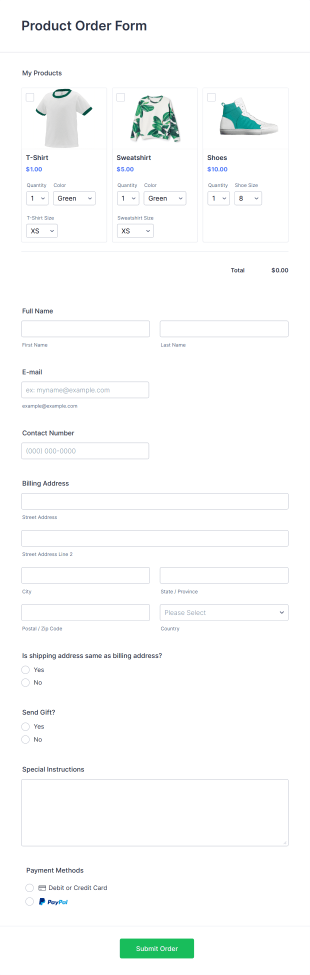 Apparel Product Order Form Template