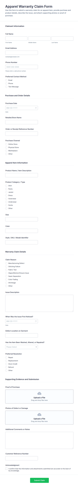 Apparel Warranty Claim Form Template