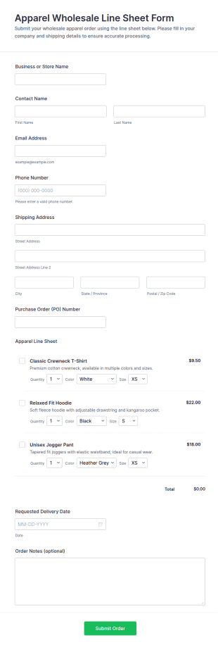 Apparel Wholesale Line Sheet Form Template
