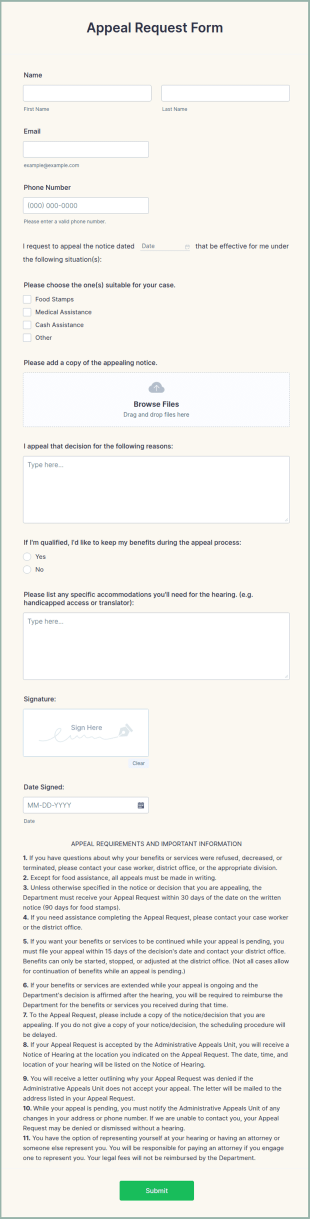 Appeal Request Form Template