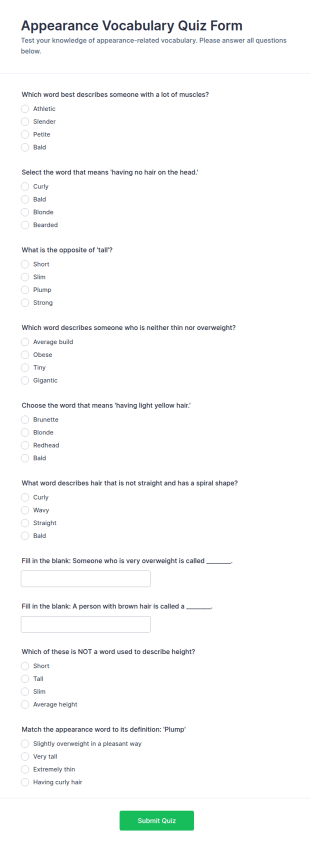 Appearance Vocabulary Quiz Form Template