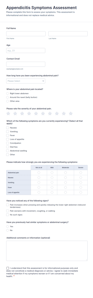 Appendicitis Symptoms Assessment Form Template