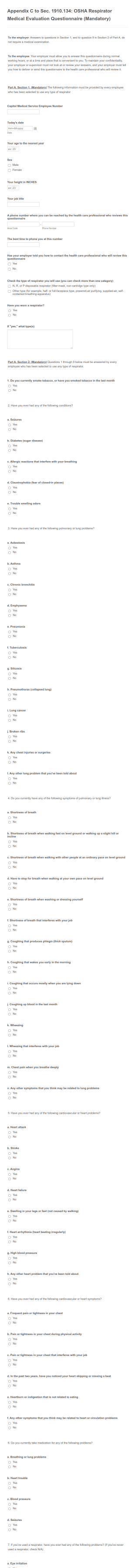 Appendix C To Sec. 1910.134: OSHA Respirator Medical Evaluation Questionnaire (Mandatory) Form Template