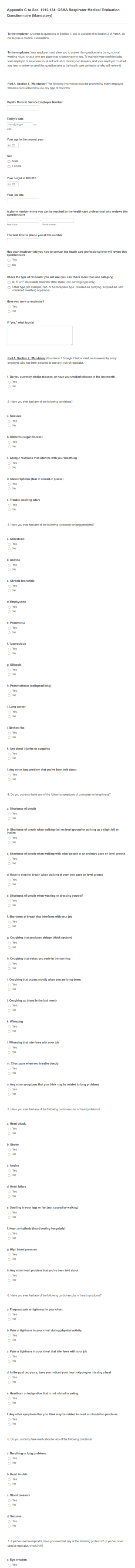 Appendix C To Sec. 1910.134: OSHA Respirator Medical Evaluation Questionnaire (Mandatory) Form Template