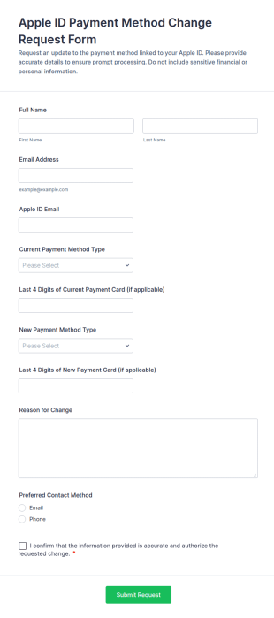 Apple ID Payment Method Change Request Form Template