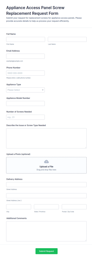 Appliance Access Panel Screw Replacement Request Form Template