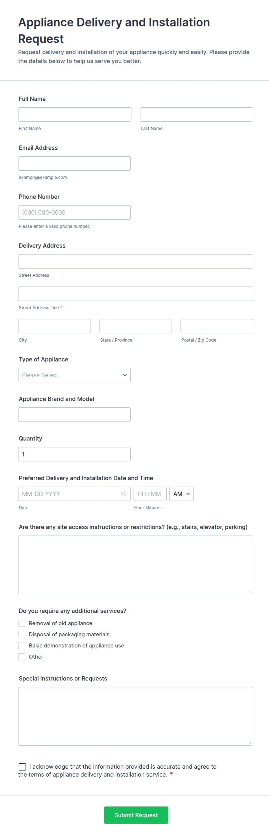 Appliance Delivery and Installation Request Form Template | Jotform