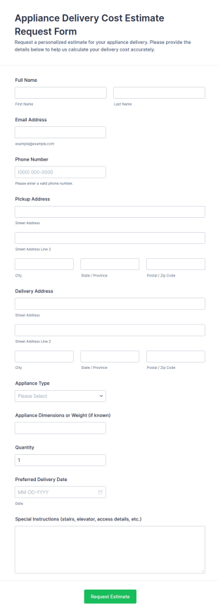 Appliance Delivery Cost Estimate Request Form Template