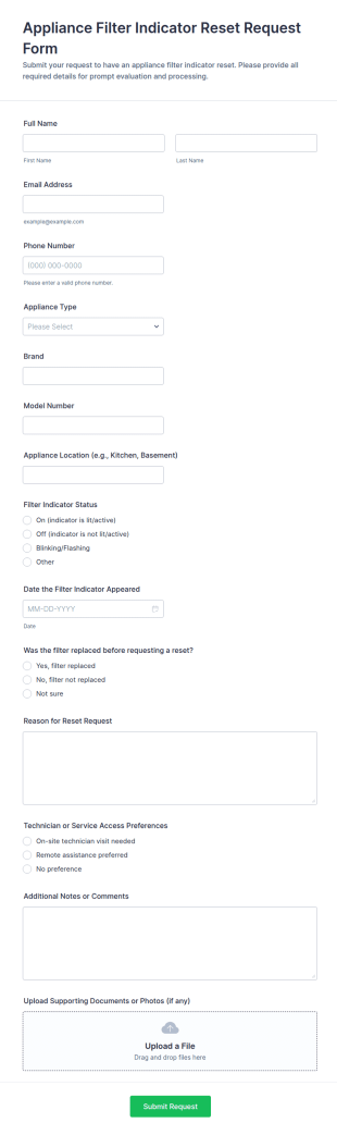 Appliance Filter Indicator Reset Request Form Template