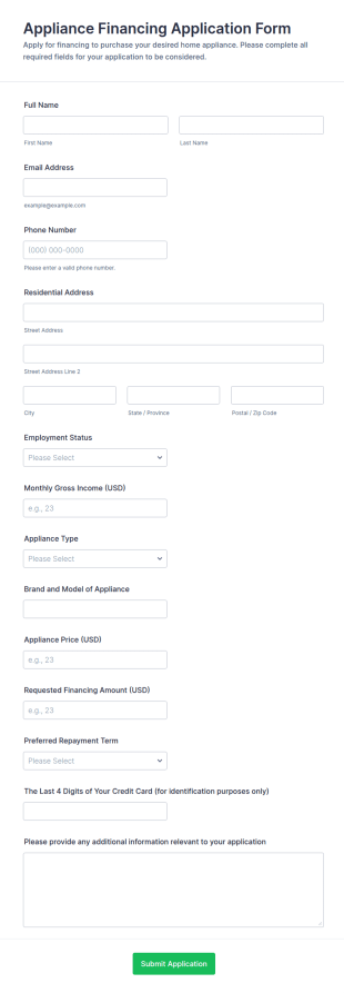 Appliance Financing Application Form Template