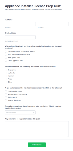Appliance Installer License Prep Quiz Form Template