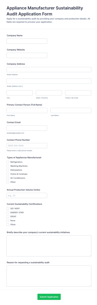 Appliance Manufacturer Sustainability Audit Application Form Template