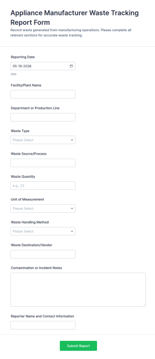 Appliance Manufacturer Waste Tracking Report Form Template