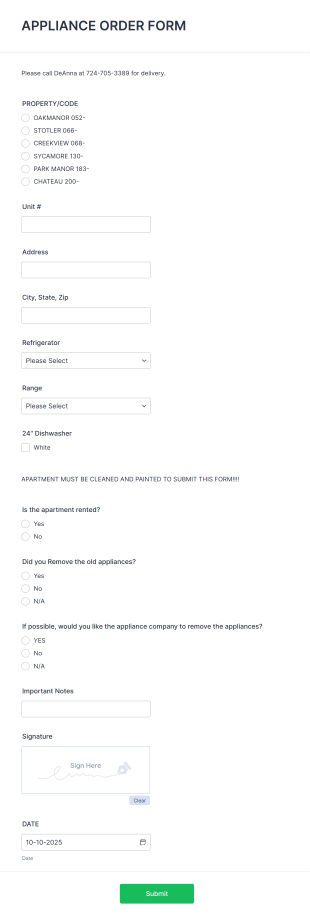 Property Appliance Order Form Template