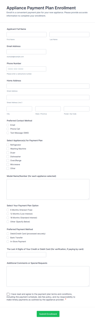 Appliance Payment Plan Enrollment Form Template