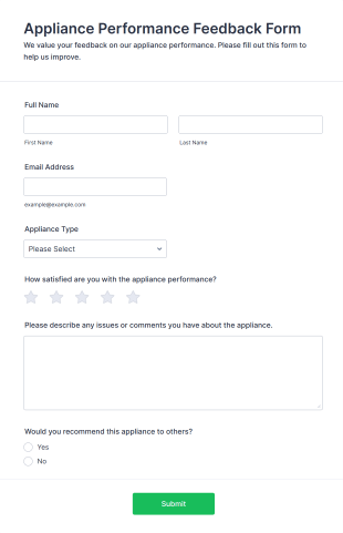 Appliance Performance Feedback Form Template