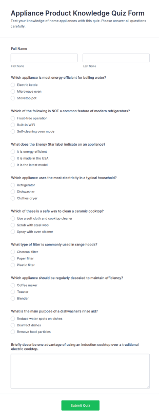 Appliance Product Knowledge Quiz Form Template