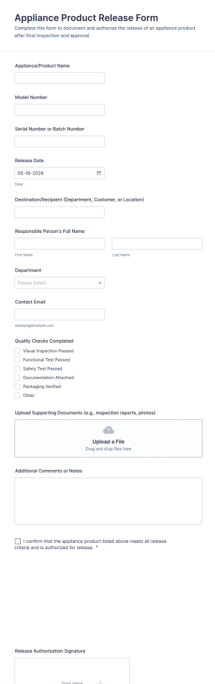 Appliance Product Release Form Template